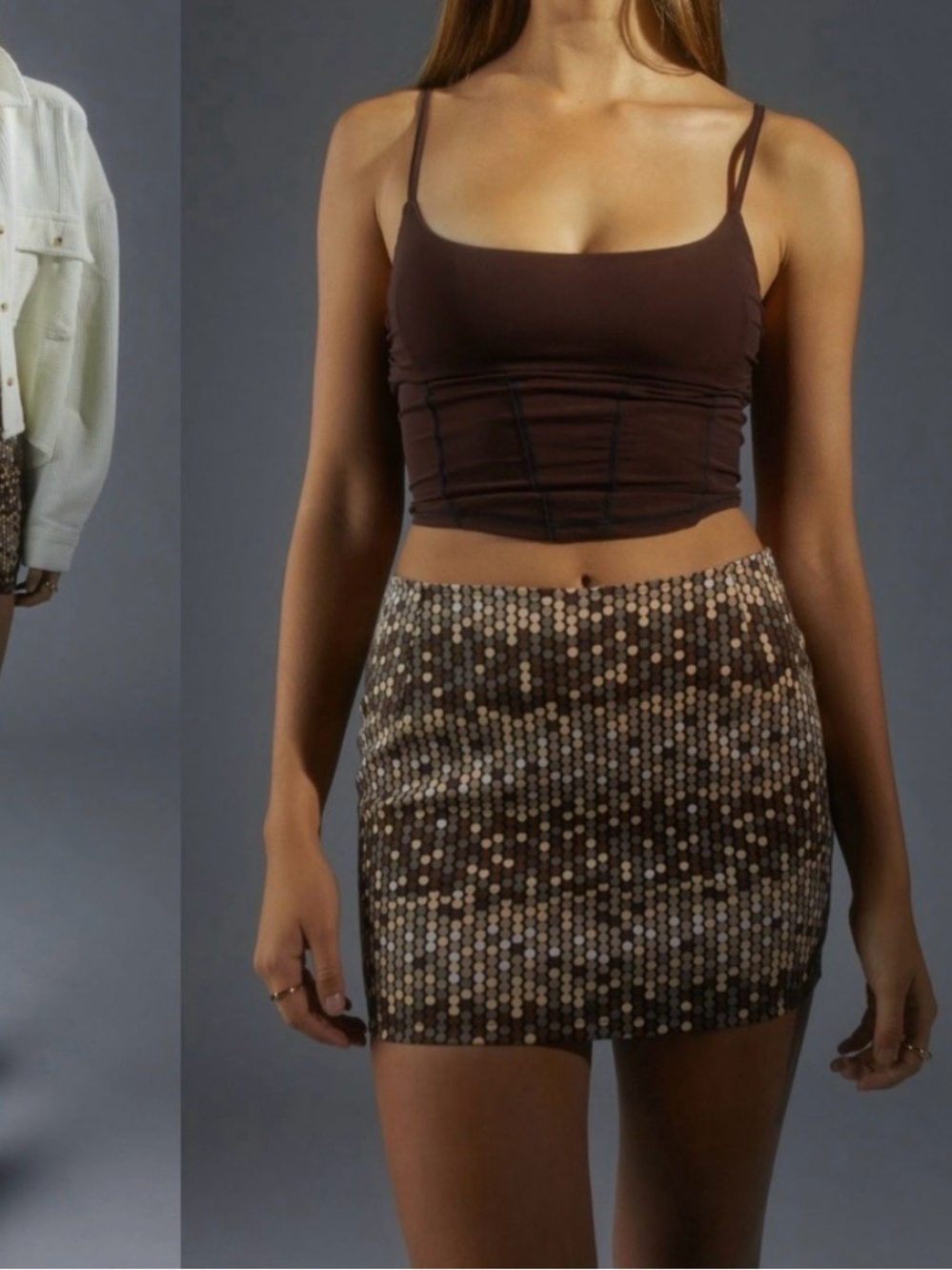 Motel Ima Chocolate Brown Polka Dot Micro Mini Skirt Disco Y2K Bratz Glam Grunge